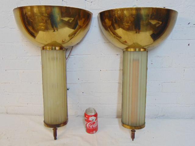 Pair art deco wall sconces, brass bowl over frosted (1 of 7)