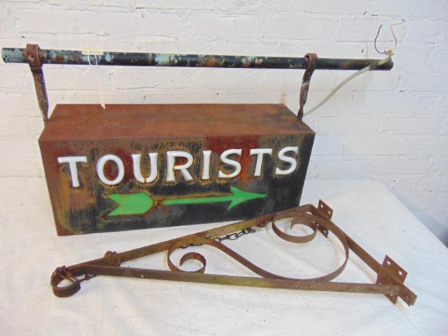 Vintage "Tourist" sign with hanging iron bracket, light (1 of 6)