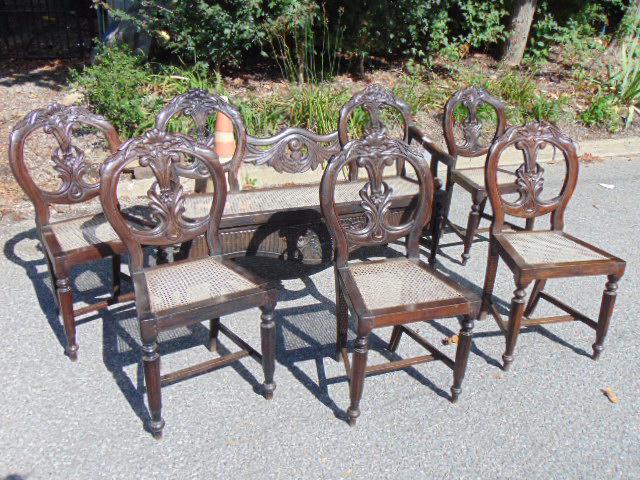 Anglo Indian parlor set, carved & caned bench & 5 (1 of 12)