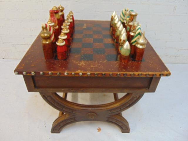 Leather top chess set, stand with pieces, complete set, (1 of 6)