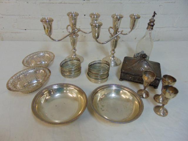 Lot sterling, candelabra, coasters, etched glass bottle (1 of 4)