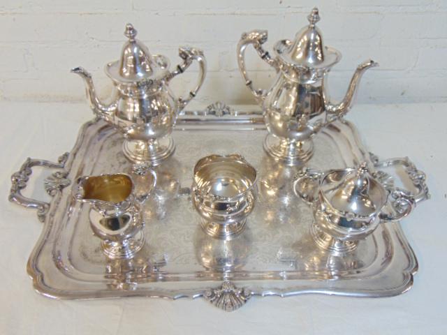 Exceptional silver plate tea set on serving tray, tea & (1 of 5)