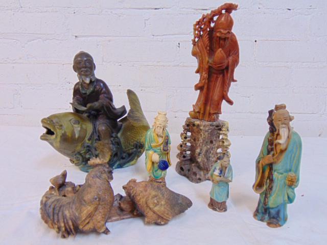 Asian carved stone & mud figures, Chinese, includes (1 of 9)
