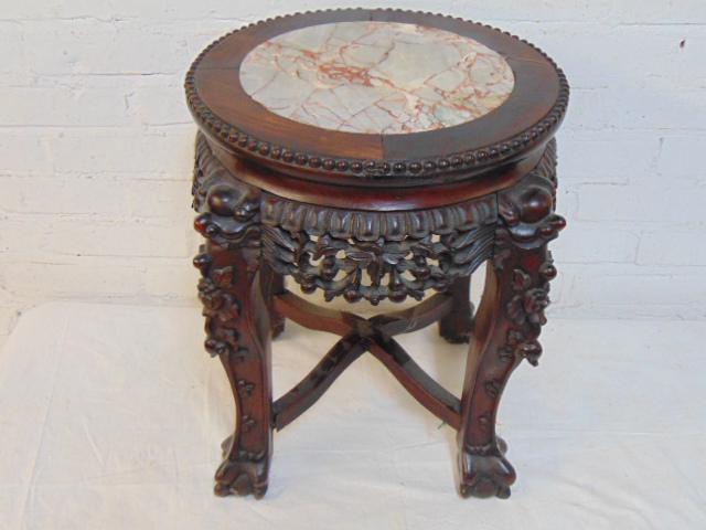 Chinese carved wood marble top plant stand, top is (1 of 5)