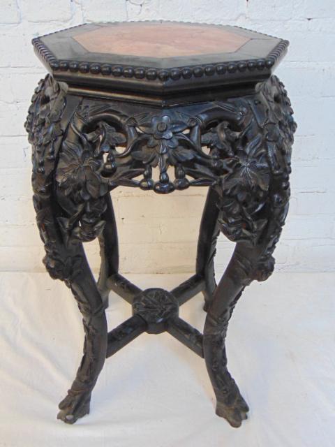 Carved wood, marble top Chinese plant stand, octagonal (1 of 5)