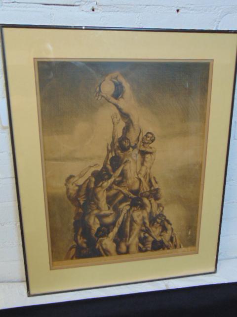 Print, figures climbing arm that holds a coin, signed (1 of 5)
