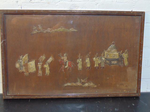 Chinese carved hardstone on wood panel, procession of (1 of 6)
