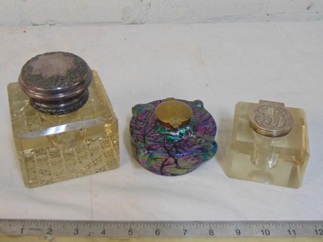 3 inkwells, artglass & cut crystal, Loetz style inkwell (1 of 8)