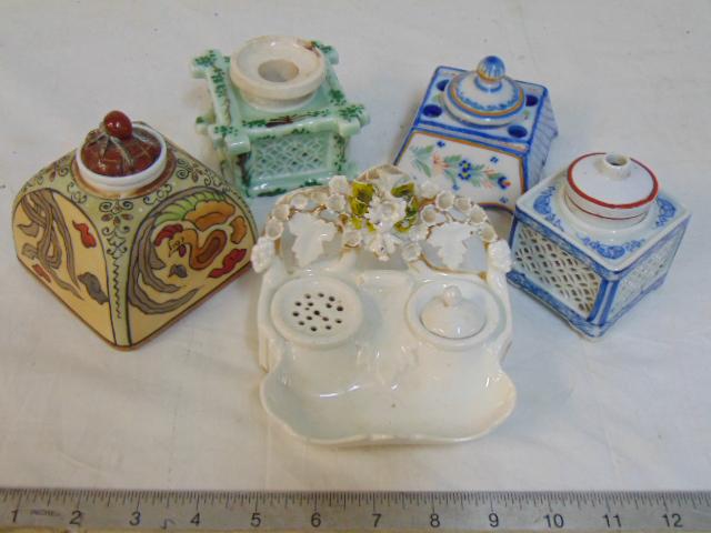 5 porcelain inkwells, Quimper, France, hand painted: 5 porcelain inkwells, Quimper, France, hand painted Nippon, & unmarked.