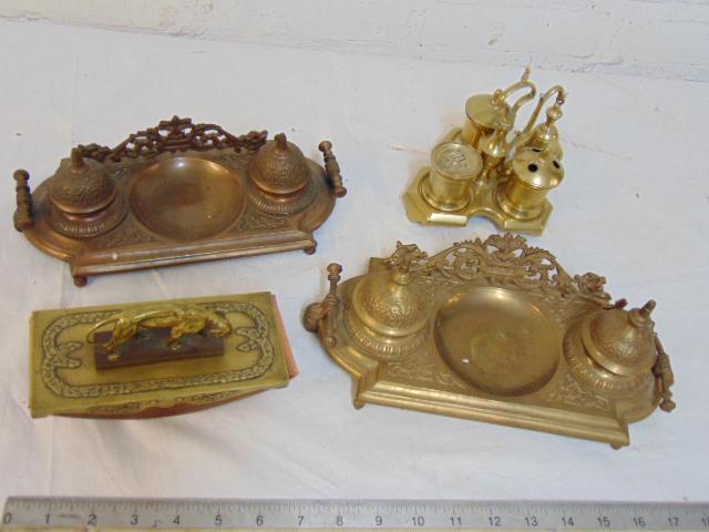 4 brass desk pieces, 2 inkwells, desk utility stand & (1 of 8)