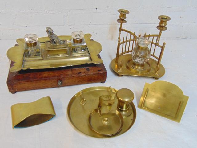 Brass desk set, inkwell lot, dog handled brass desk (1 of 7)