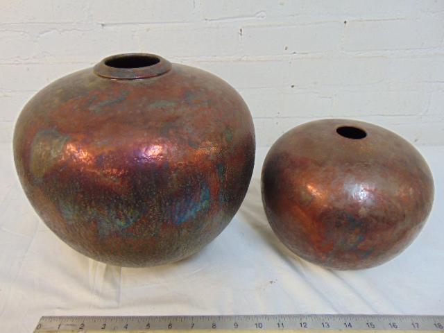 2 signed Raku pots, ceramic with copper patina, 10.5" & (1 of 8)