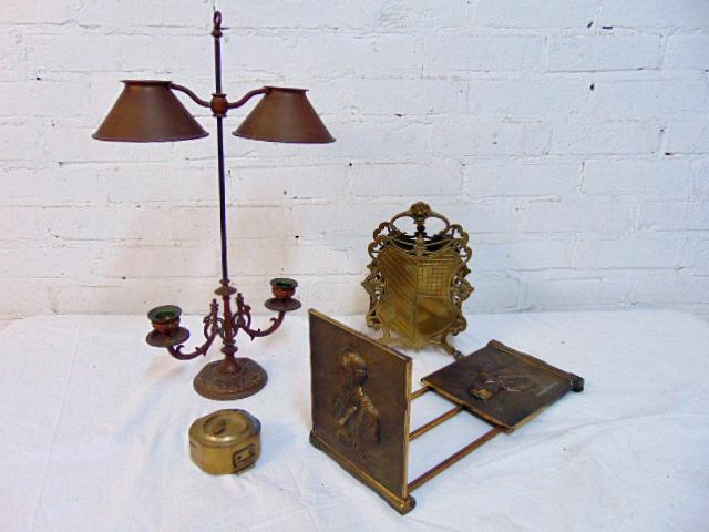 Brass lot, bookends, compass, candle fixture, letter (1 of 9)