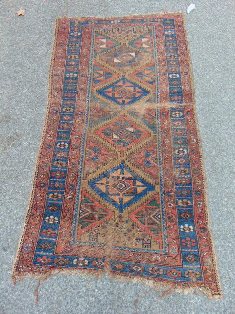 Scatter rug, blue, red, Caucasian (?), worn, carpet is (1 of 5)