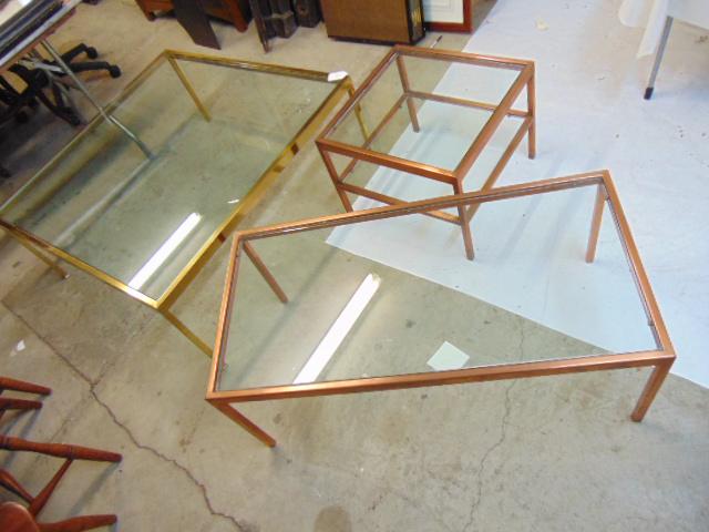 3 glass top, brass, copper plated base tables, includes (1 of 7)
