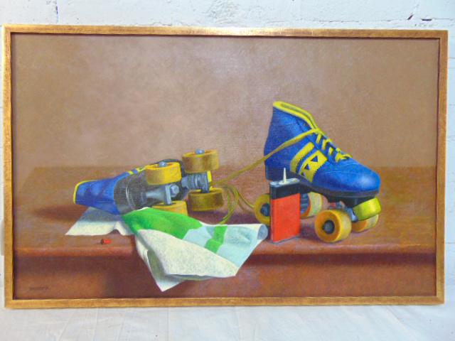 Painting, still life roller skates, by Bazadona, oil on: Painting, still life roller skates, by Bazadona, oil on canvas, 18" by 29"