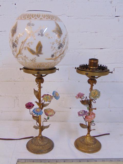 Pair floral decorated lamps with shade (one), brass (1 of 10)