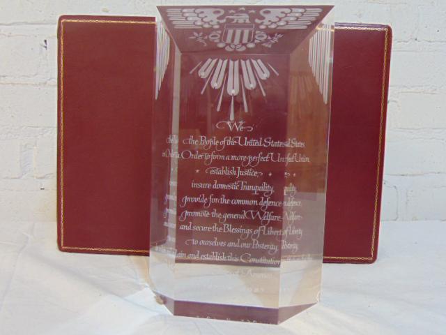 Large Steuben art glass The U.S. Constitution:: Large Steuben art glass The U.S. Constitution: Preamble, engraved on a glass column, in original case, has small chip in rear corner, sculpture is 9" by 5.5"