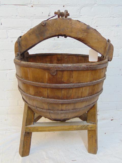 Asian well bucket, metal bands, on three legs with (1 of 5)