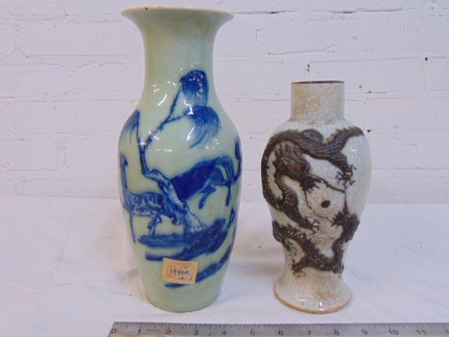 2 Chinese vases, blue & white & crackleware with (1 of 10)