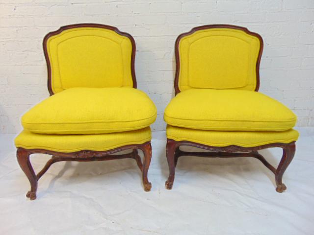 Pair French chairs in yellow upholstery, 2 side chairs, (1 of 4)