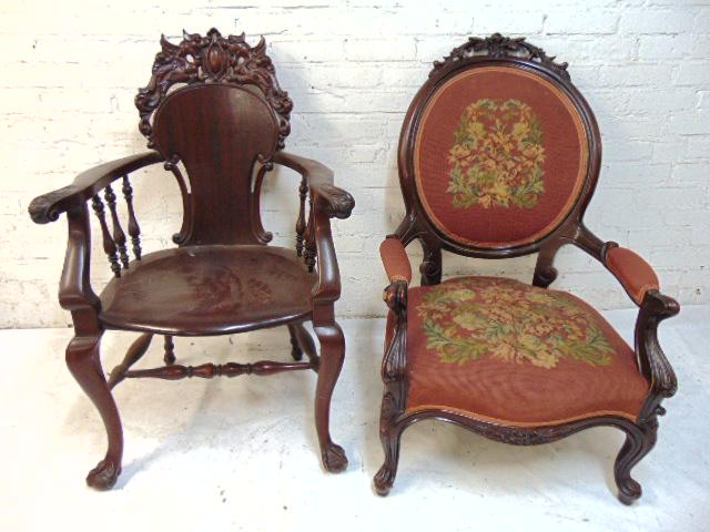 2 chairs, needlepoint Victorian balloon back chair & (1 of 5)