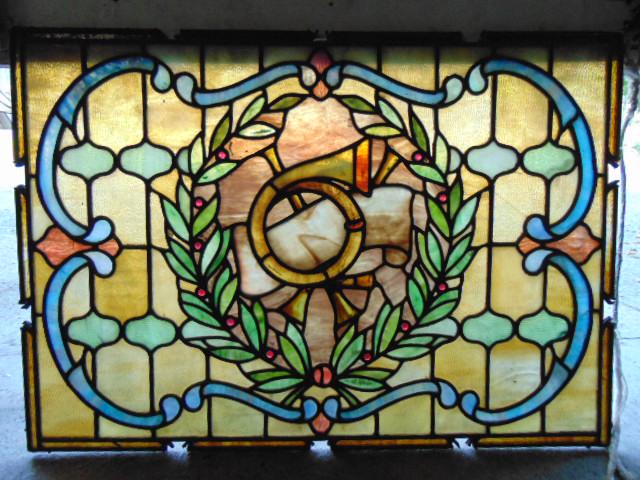 Leaded window with floral, wreath & horn design, window (1 of 7)