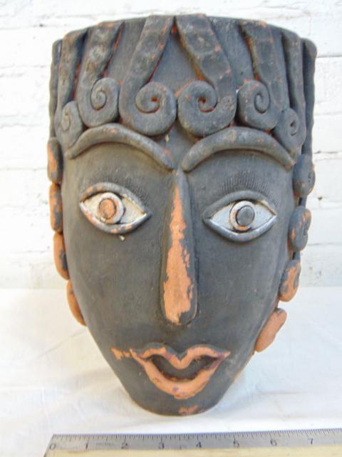 Terracotta Picasso style planter, head shaped, painted, (1 of 6)