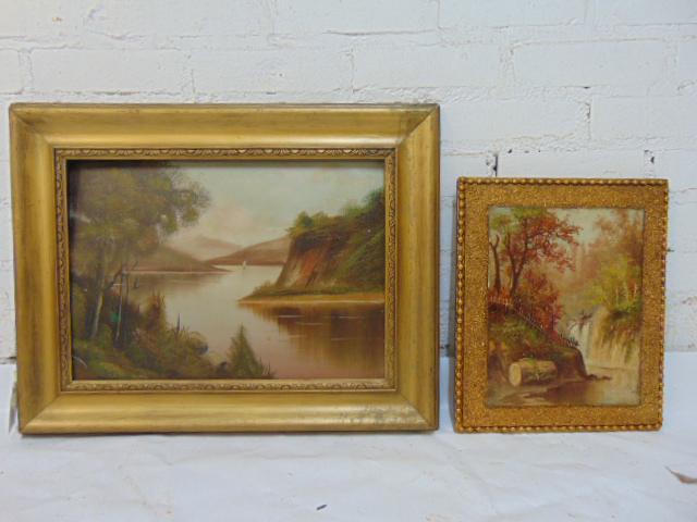 2 paintings, landscapes, river scene, oil on academy (1 of 6)