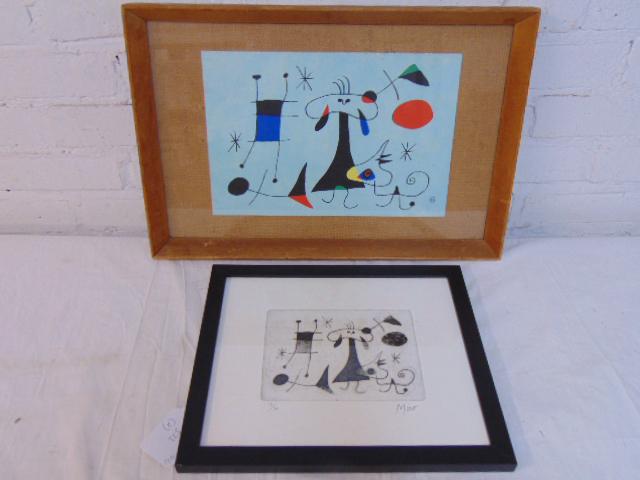 2 Miro prints, "Personnage, Chien, Oiseaux" - “Figure, (1 of 7)
