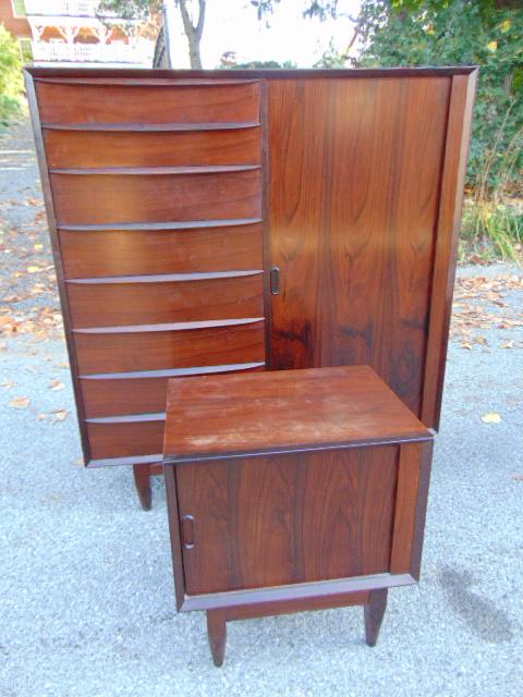 Rosewood MCM chifferobe with tambour front & matching: Rosewood MCM chifferobe with tambour front & matching nightstand, cabinet is 48.5" by 19", height is 54.25"