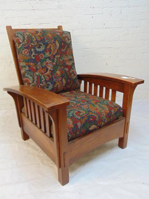 Oak Morris chair, Arts & Crafts, adjustable back,: Oak Morris chair, Arts & Crafts, adjustable back, pillows, (reproduction), chair is 34" wide, 40" deep (measured at arms), height is 41" , made by Sam Moore Furniture Industries, Bedford Virginia