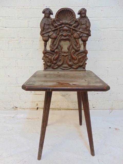Carved Flemish side chair, seat is 17.5" by 14.5", (1 of 6)