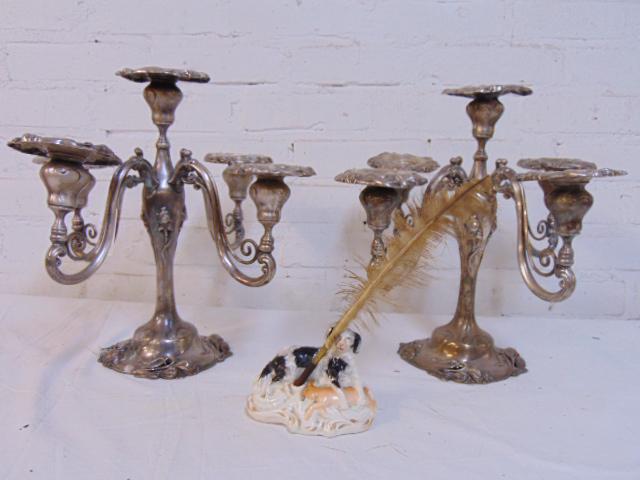 Pair silver plated candelabra & porcelain inkwell, 2 4 (1 of 6)