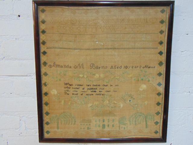 Needlepoint sampler, Amanda M. Burns, aged 10 years,: Needlepoint sampler, Amanda M. Burns, aged 10 years, Milford, 19" by 17.75"