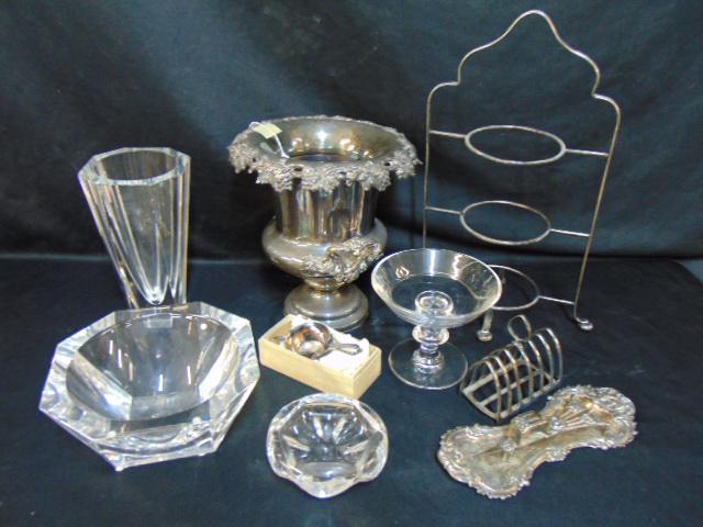 Lot silver plate & crystal, Orrefors bowl & matching: Lot silver plate & crystal, Orrefors bowl & matching vase, both in good condition, crystal compote & small dish, signed illegibly, silver-plated champagne bucket (base slightly bent), measuring cup (W