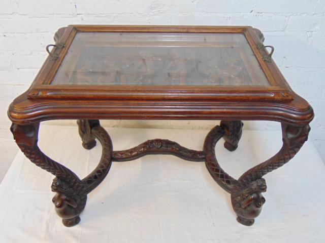 Small carved top side tray table with carved musical (1 of 5)