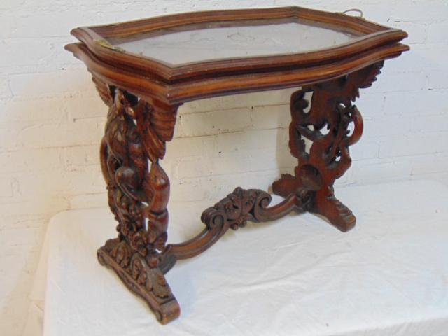 Small carved side table with butlers tray top, inlaid (1 of 5)