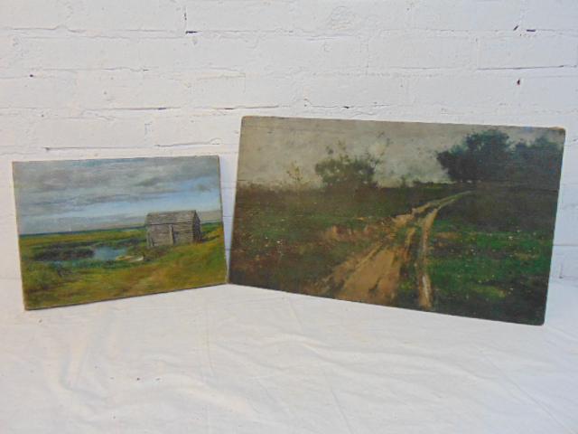 2 paintings, marsh scene & country road, small cabin, (1 of 8)