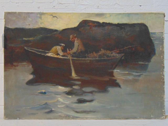 Painting, figures in row boat, unsigned, oil on canvas, (1 of 3)