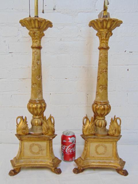 Pair carved & gilt wood table lamps, pricket style, (1 of 7)