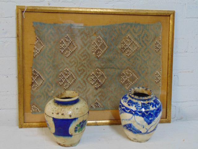 Framed textile & 2 blue & white vases, Persian (?) (1 of 8)