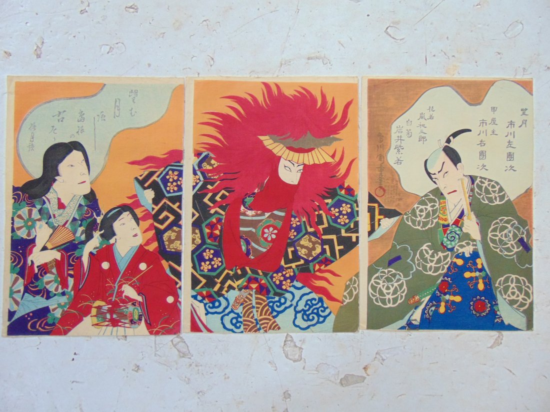 Japanese tryptic woodblock, Chikashige, 3 original unf (1 of 10)