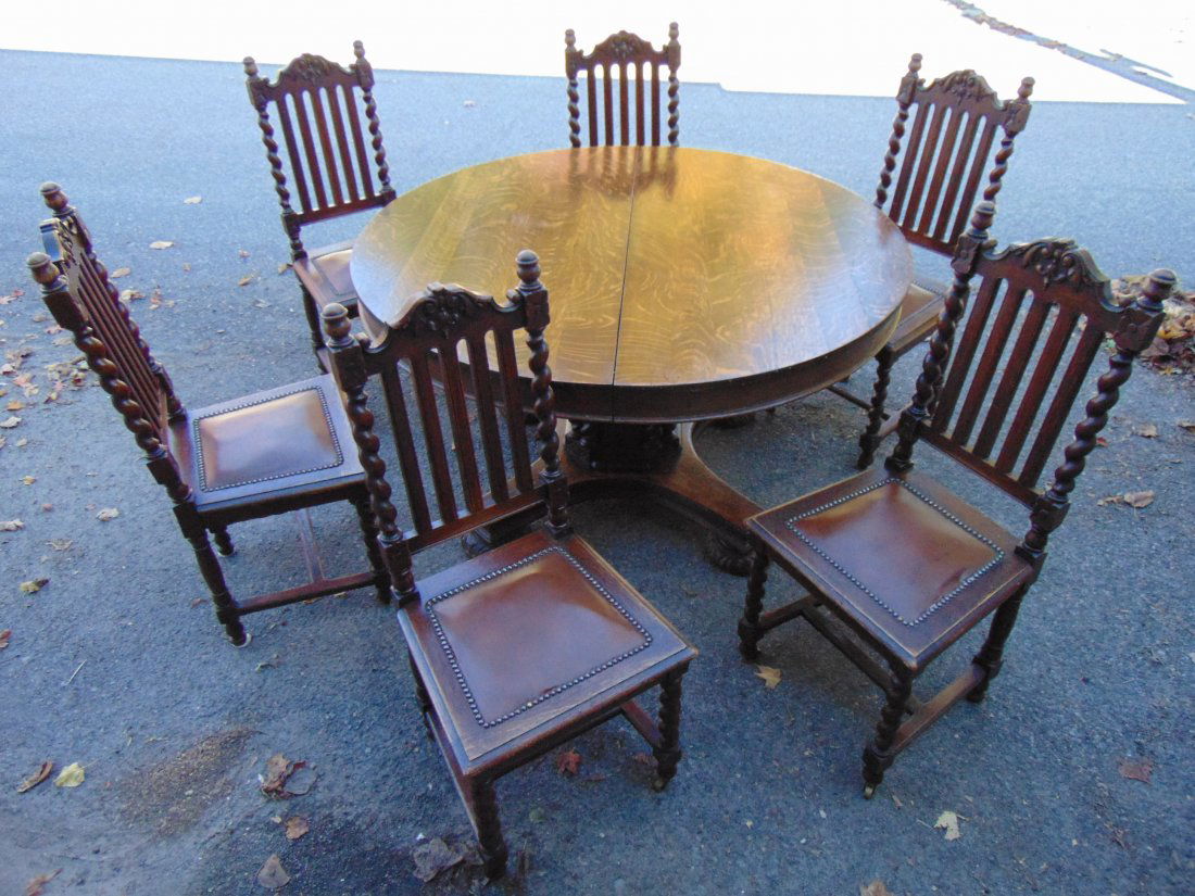 Round oak barley twist table with 6 chairs & 3 leaves, (1 of 13)