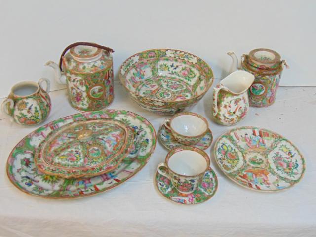 Lot Rose Medallion porcelain, tea pots, covered bowls,: Lot Rose Medallion porcelain, tea pots, covered bowls, bowls, 2 cup & saucer, pitcher, oval serving plate & plate, some repairs, chips.