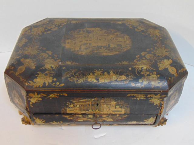 Chinese export lacquer sewing box, octagonal shaped (1 of 11)