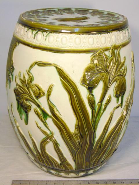 English 19th cent.garden seat, in green & white glazed (1 of 7)