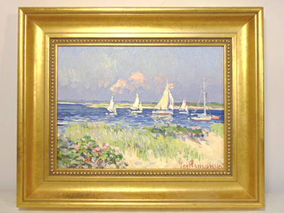 Painting, Jan Pawlowski, "Sunday Sailing from Jefres: Painting, Jan Pawlowski, "Sunday Sailing from Jefres Beach", oil on linen, signed lower right, 9" by 12", in gilt frame, with certificate of Authenticity signed by artist.