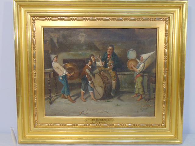Painting, "The Burlesque", F. Berlingieri, oil on: Painting, "The Burlesque", F. Berlingieri, oil on linen, showing 4 young boys playing music, older man sitting on wine barrel, signed, in gold frame, 12" by 15"