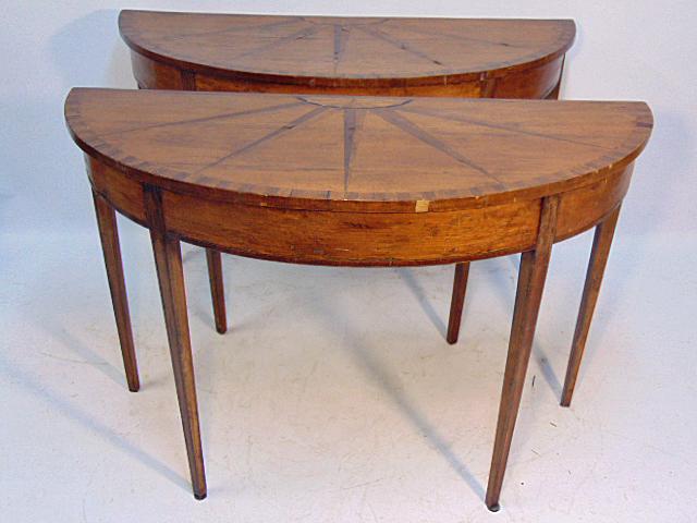 Pair antique inlaid demi lune console tables, sunburst (1 of 9)